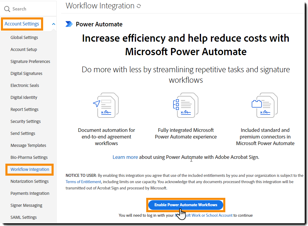 Enable the Power Automate integration with Acrobat Sign